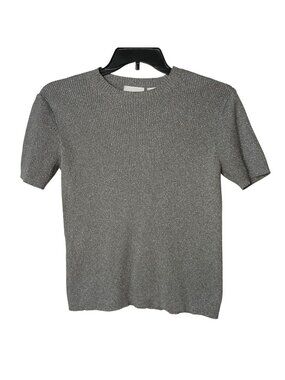 Liz Claiborne Lizsport Womens M Silver Metallic Short Sleeve Ribbed Knit Top D37